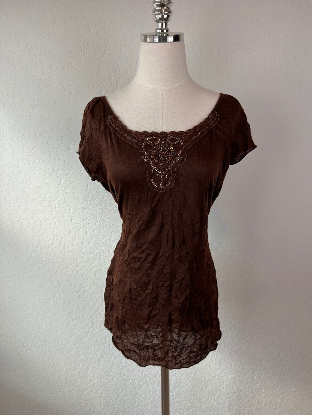 Vintage Y2K Whimsigoth Brown Beaded Sequin Short Sleeve Top Fairy size XL